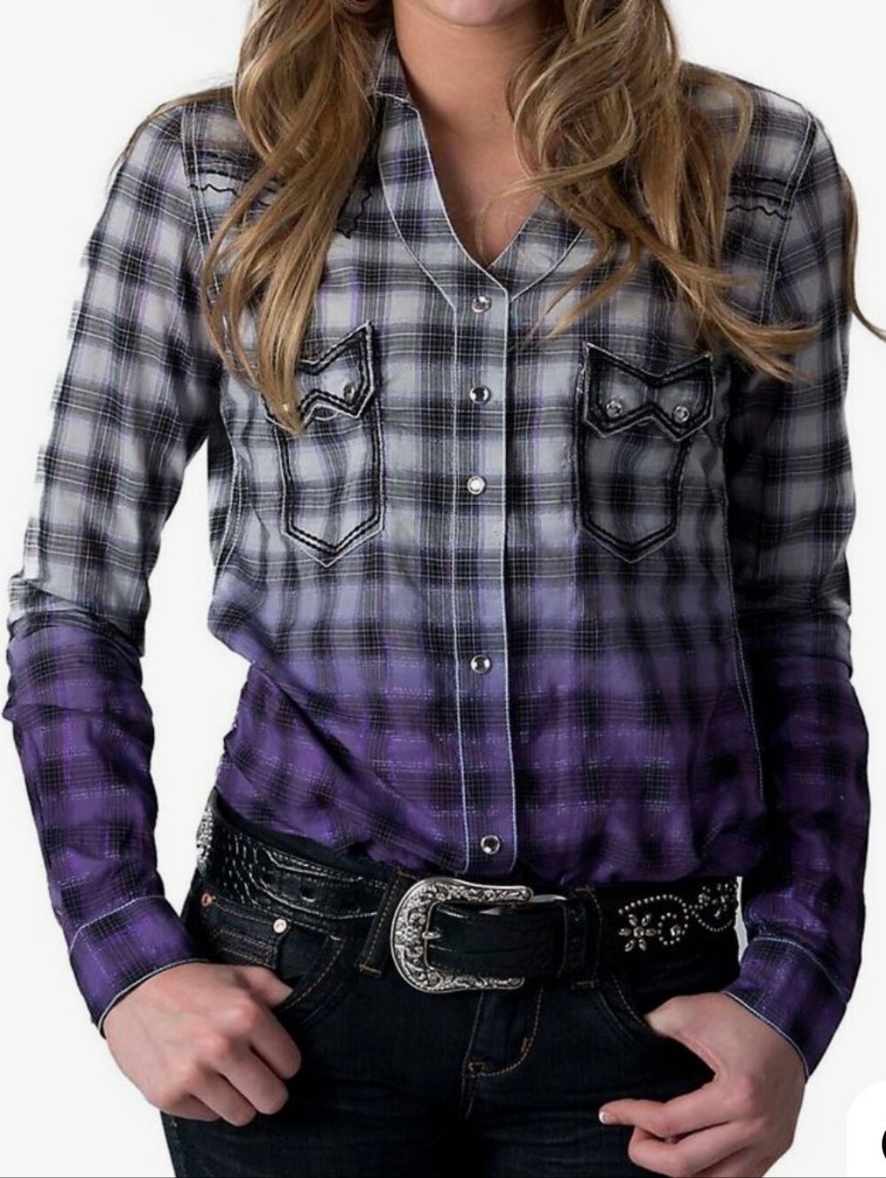 Wrangler Cotton Ombre Plaid Long Sleeves Classic Pearl Snap Buttons Western